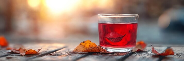  A glass of tea on a wooden table Nearby, a pile of leaves and a fallen one