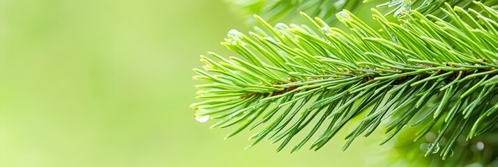 Obraz premium A tight shot of a pine branch, adorned with dew droplets, against a softly blurred backdrop of adjacent branches