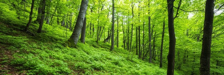  A lush green forest, filled with trees, adorns the side of a hill in the heart of the forest