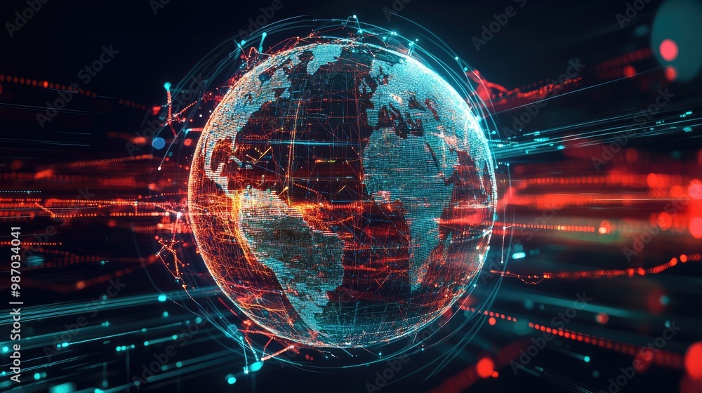 Poster a glowing holographic globe shielded by firewalls and secure data channels, representing information