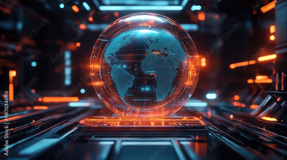 Poster a glowing holographic globe shielded by firewalls and secure data channels, representing information