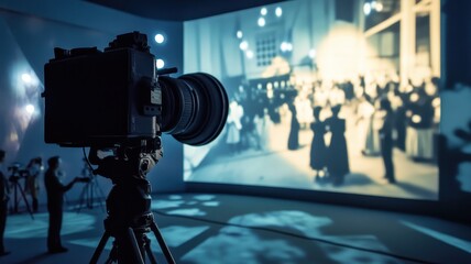 A camera is focused on a projected historical scene, showcasing an event with elegantly dressed attendees in a well-lit, immersive environment.