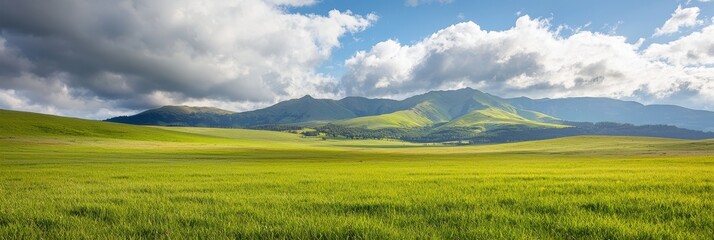  A green field stretches before a mountain backdrop, where distant mountains are crowned with clouds in the sky