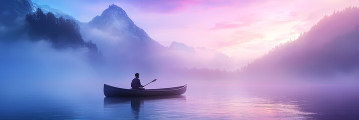  Man in rowboat on foggy lake, mountains in background