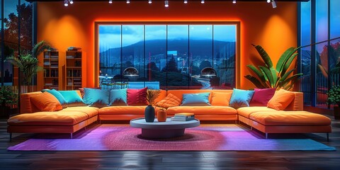 A vibrant television studio set for a morning talk show, filled with warm lighting and sleek, modern decor. a comfortable sofa and coffee table are adorned with colorful cushions and a stack of books.