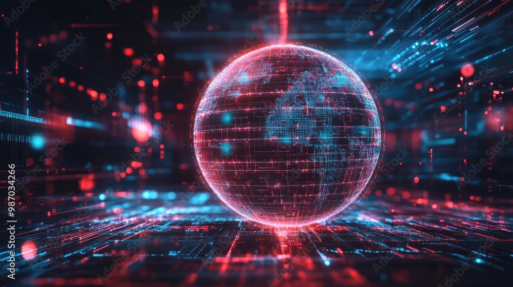 Poster a glowing holographic globe shielded by firewalls and secure data channels, representing information