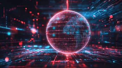 Fototapeta premium A glowing holographic globe shielded by firewalls and secure data channels, representing information security worldwide.