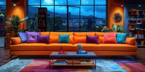 A vibrant television studio set for a morning talk show, filled with warm lighting and sleek, modern decor. a comfortable sofa and coffee table are adorned with colorful cushions and a stack of books.