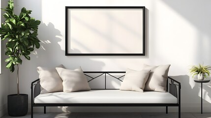 Sleek Black Metal Farmhouse Mockup Frame in Soft Diffused Daylit Interior with Accent Pillow   Simple Modern Aesthetic in an Industrial Chic Farmhouse Style Setting