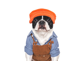 Cute puppy, shirt and denim overalls. Close-up, indoors. Beauty and fashion concept. Studio shot,...