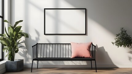 Sleek Black Metal Mockup Frame in Farmhouse Living Room with Accent Pillow  3D Rendered Interior with Soft Diffused Daylight and Industrial Chic Farmhouse Style Decor