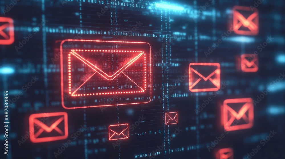 Poster a guide to recognizing phishing emails, with clear icons showing common warning signs of online scam