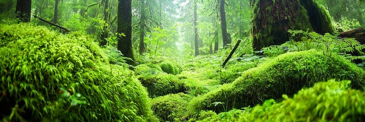  A lush green forest, teeming with numerous trees and moss-covered slopes on a hill's center