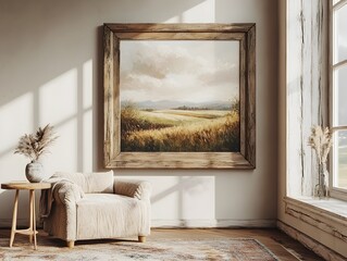 Stunning rustic farmhouse living room scene with a 3D rendered reclaimed barn wood frame mockup a landscape painting plush area rug and natural daylight streaming through the windows