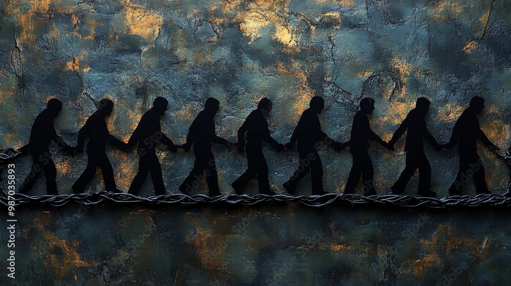 Poster silhouetted figures symbolize unity and connection against a textured background, conveying the esse