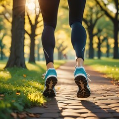 Fototapeta premium Close-up of a person jogging on a sunny morning in a scenic park, showcasing fitness and healthy lifestyle.