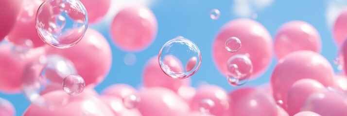  A scene of soap bubbles drifting in the blue sky, with select pink bubbles in the foreground