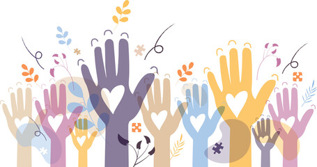 Raised hands. Volunteering, teamwork concert.