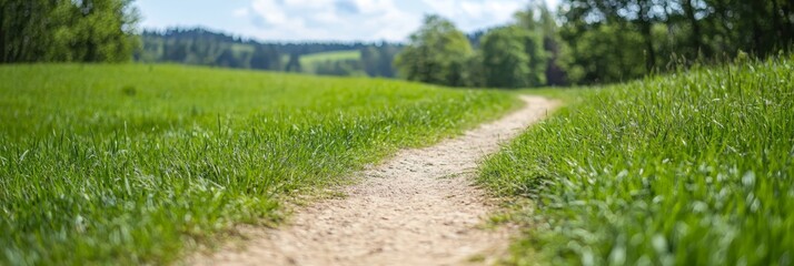 Obraz premium A dirt path, bordered by trees, weaves through a sprawling grassy field; above, a vast, blue sky stretches