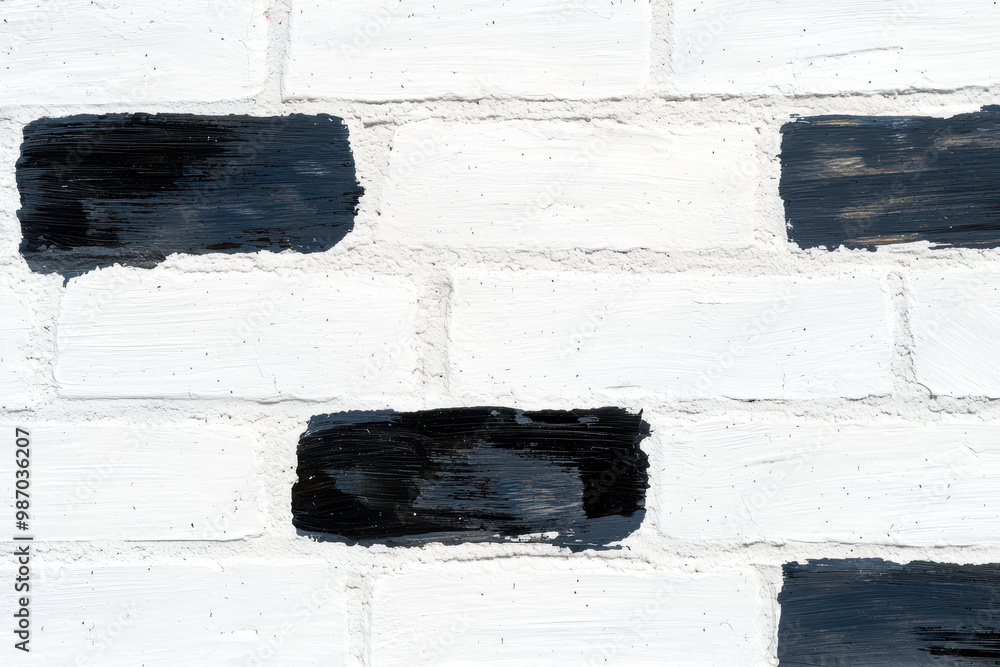 Poster a close-up view of a textured wall featuring alternating black and white bricks, ideal for backgroun