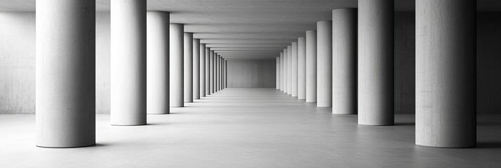  A monochrome image of a lengthy row of columns in a structure, with central columns in a chamber