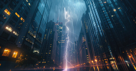 A close-up of a lightning bolt striking between two towering skyscrapers. The bolt illuminates the dark sky with jagged, bright branches, contrasting with the urban landscape below.