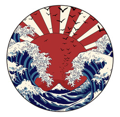 Great sea waves and Fuji mount. Red sun in the sky and flying birds. Vector graphic hand drawn colorful illustration in Asian style. Circle shape design. 