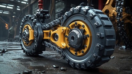 Fototapeta premium A close-up of an industrial machine track, showcasing its rugged design and robust structure in a warehouse environment.