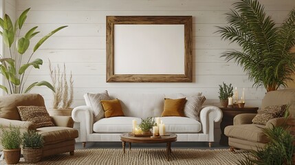 Warm and inviting farmhouse style living room with a cozy sofa and armchair a wooden frame hanging on a shiplap wall a natural fiber rug potted plants and candles for a rustic and serene ambiance