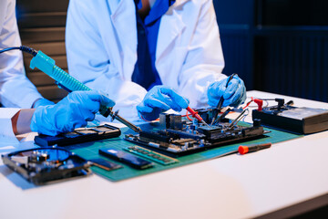 The technician is putting the CPU on the socket of the computer motherboard. electronic engineering