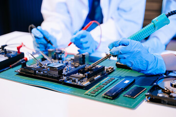 The technician is putting the CPU on the socket of the computer motherboard. electronic engineering