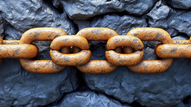 A close-up view of an old rusty chain against a textured rock surface, showcasing wear and industrial aesthetics.