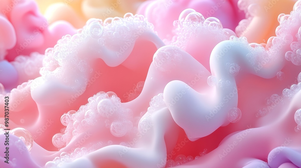 Poster a colorful abstract texture featuring soft pink and white wavy patterns with delicate bubbles, perfe