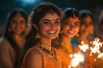 Fototapeta premium A young woman smiling brightly, holding sparklers with friends in the background, celebrating Diwali