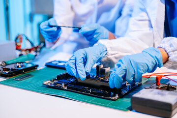 Electronics assembly and RAM installation with high-tech components. Ideal for showcasing advanced...
