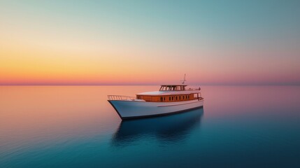 Fototapeta premium A serene boat floats on calm waters, framed by a stunning sunset, creating a peaceful and picturesque seascape.
