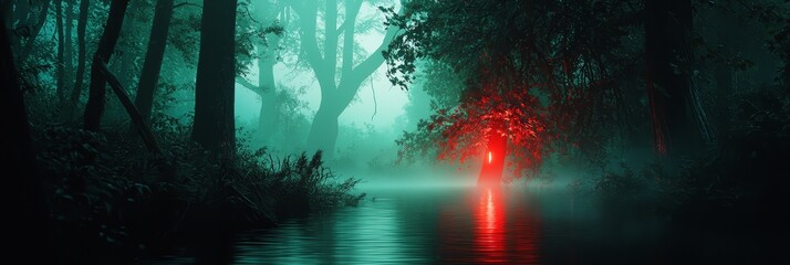 Obraz premium A dark forest concludes with a red light beaming at its end, accompanied by a body of water in the foreground