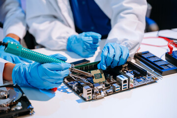 The technician is putting the CPU on the socket of the computer motherboard. electronic engineering