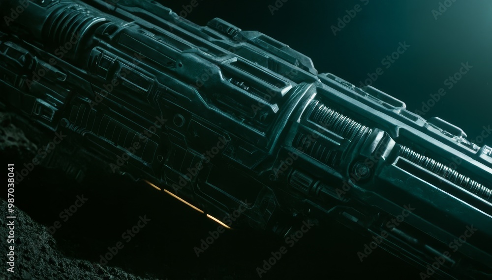 Poster detailed close-up of a futuristic spaceship engine, emphasizing advanced technology with a dark, ali