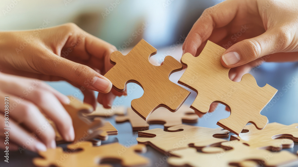 Aufkleber hands are assembling puzzle pieces, showcasing collaboration and problem-solving in a warm, inviting