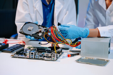 Naklejka premium Showcasing expert computer hardware assembly and hard drive installation with precision
