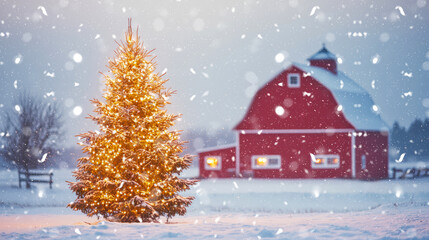 A festive Christmas tree adorned with lights stands in the snow, with a charming red barn in the background, creating a cozy winter scene.