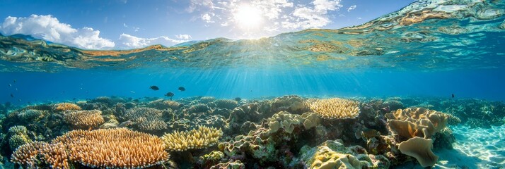  An underwater perspective of a coral reef beneath sunbeams piercing through the clouds overhead