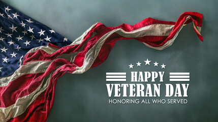 A vibrant American flag drapes elegantly alongside the text "Happy Veteran Day," honoring those who have served in the military.