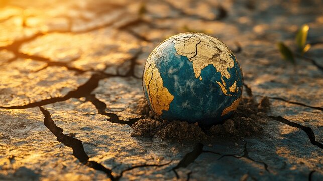 A melting globe with cracks and dry earth, symbolizing the devastating effects of global warming and climate change.
