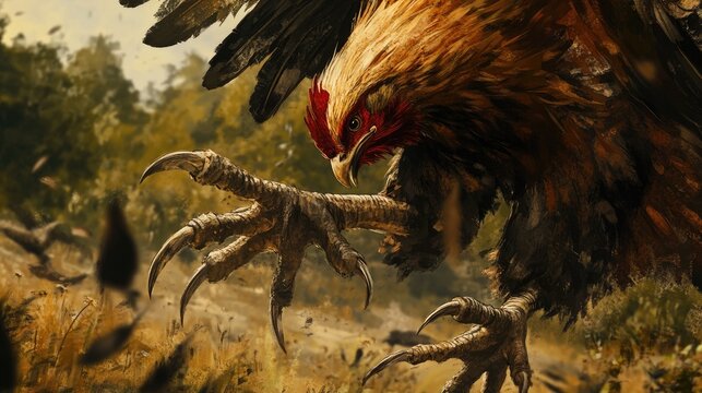 A close-up of the sharp talons of a fighting cock, ready for battle, with a blurred background of a rural setting and other birds milling about.