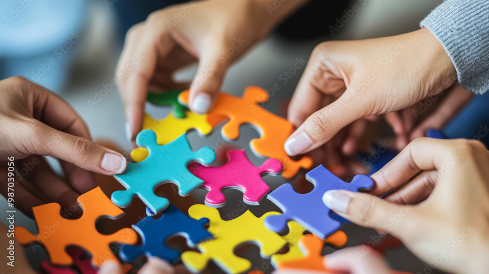 Poster a group of hands assembling colorful puzzle pieces, highlighting collaboration and teamwork in a vib