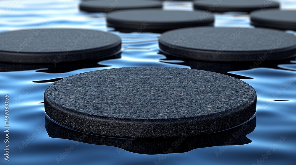 Poster a serene view of circular stones floating on calm water, creating a peaceful and meditative atmosphe