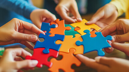 A collaborative effort as hands join together to fit colorful puzzle pieces, symbolizing teamwork and connection.