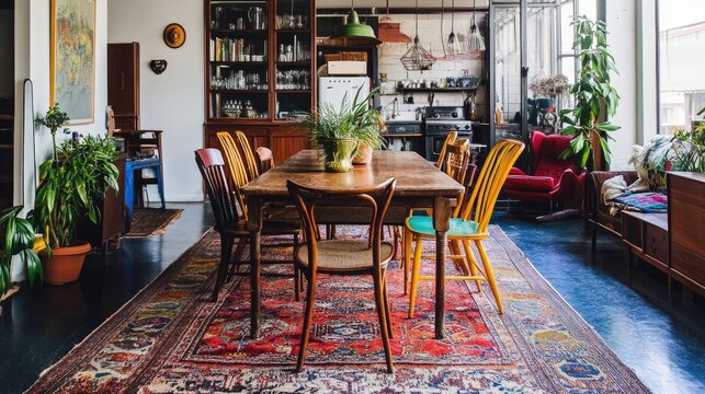 A collection of mismatched vintage chairs arranged around a rustic wooden dining table in a bohemian-style room, with colorful rugs and eclectic decor.
